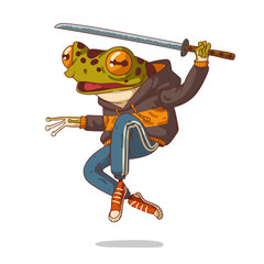 Teenage ninja frog, isolated vector illustration. Brave humanized frog. Modern samurai. Funny excited anthropomorphic frog, floating in a jump with a sword. An animal character with a human body. © Kyyybic