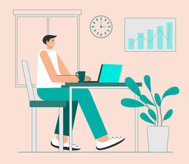 The man is working at the computer. A bright workplace with flowers. Home office concept. Vector illustration