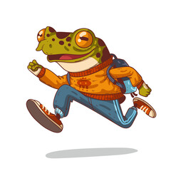 A student frog running in a hurry, vector illustration. Humanized teenage frog. Funny excited anthropomorphic frog with a backpack, running forward in a jump. An animal character with a human body.