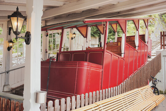 Reichenbachfall Funicular in Willigen near Meiringen, canton of Berne, Switzerland. Historic red cable car transport from Willigen to the famous Reichenbach Falls in the Bernese Oberland.