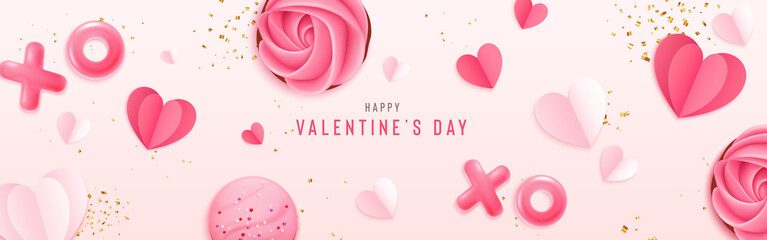 Happy Valentines Day poster. Vector holiday template with pink pancakes, paper hearts, jelly sweets, macaroon, confetti. Romantic background for banner, poster, greeting card, flyer, modern brochure.