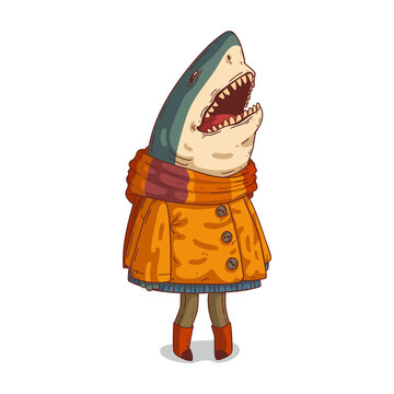 A girl shark, isolated vector illustration. Cartoon humanized hipster shark. Anthropomorphic warm dressed female shark standing still with open mouth. An animal character with a human body.