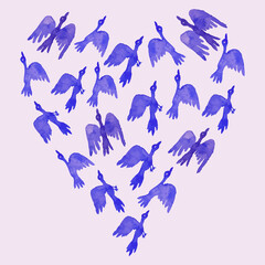 Obraz premium Decorative heart shape from waterolor drawings of abstract lilac flying birds