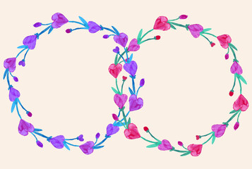 Decorative valentines card with two wreath from watercolor pink and red abstract flowers in heart shapes
