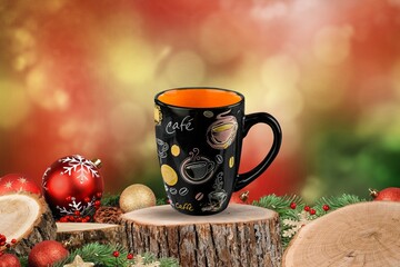 A mug on a wooden background with bright lights in the background. New Year and Christmas.