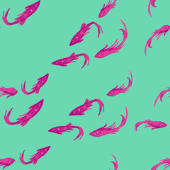 Seamless background of watercolor drawings pink floating fishes flock