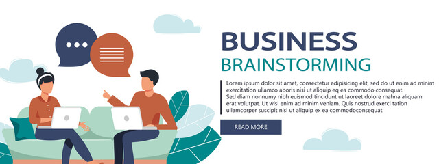 Vector illustration, workers are sitting at the negotiating table, vector collective thinking and brainstorming, company information analytics	
