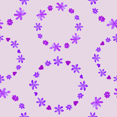Seamless pattern of floral wreath from watercolor purple daisies with heart shapes