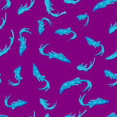 Seamless pattern of watercolor drawings blue floating fishes flock