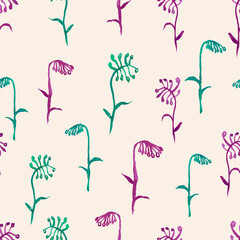 Seamless pattern of watercolor drawings green and pink wild plants