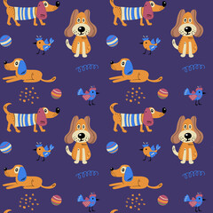 Seamless pattern with cute dogs. Vector print with cartoon abstract animals in Scandinavian style for children's textiles, fabric, wrapping paper and wallpaper