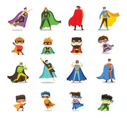 Vector illustrations in flat design of female and male kids superheroes in funny costume