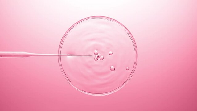 Top view macro shot of air bubbles come out from lab dropper and float on the surface of clear liquid in petri dish bursting on pink background | Abstract body care products mixing concept