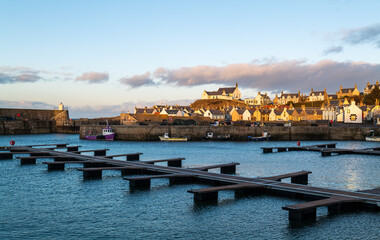 Fototapeta premium This is the view looking East in the last of the suns rays hitting Findochty, Moray, Scotland on 27 January 2022