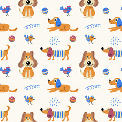 Naklejka premium Seamless pattern with cute dogs. Vector print with cartoon abstract animals in Scandinavian style for children's textiles, fabric, wrapping paper and wallpaper