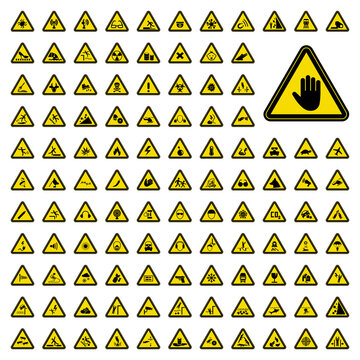 112 symbols of triangular warning hazard signs, icons on yellow background.