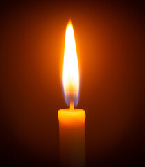 Close up single candle light and flame on black background 