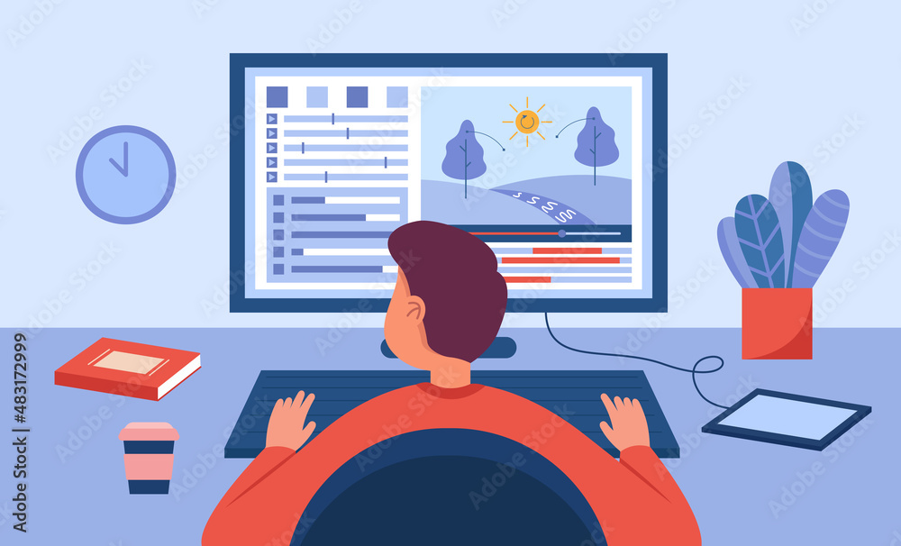 Fototapete Male animator sitting at computer desk and creating project. Graphic motion designer sitting at workplace in studio and developing web game flat vector illustration. Design, art concept