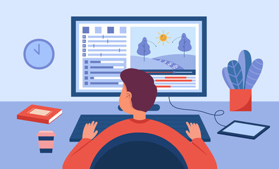 Male animator sitting at computer desk and creating project. Graphic motion designer sitting at workplace in studio and developing web game flat vector illustration. Design, art concept