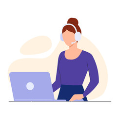 Girl at the reception. Hotline operator with headphones working in call center on laptop. Woman with headsets consult client. Customer service and global online technical support. Vector illustration