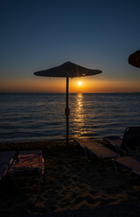 Tranquil scene of beautiful sea at sunset. Orange and yellow sunset on the sea. Aerial panoramic view of sunset over sea.