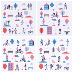 Vector illustration in flat design of group people outdoor in the park on weekend