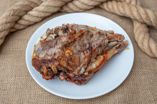 Turkey national cuisine dish Roasting lamb with meat. Roasted head of lamb (roast head of sheep)