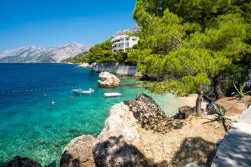 crystal clear water in adriatic sea in Brela on Makarska riviera in Dalmatia region in Croatia 