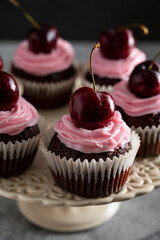 Chocolate cupcakes with fresh cherries and pink cream on cake stand. Beautiful dessert. Dark background.