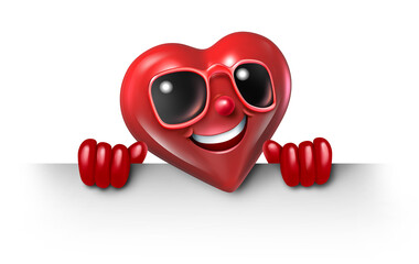 Love Heart Holding A sign Smiling happy heart character with sunglasses as a fun love symbol or Valentine icon representing feelings of friendship or romantic passion isolated.