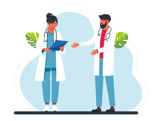 doctors discussing the patient's medical history. Doctor Talking to Nurse Colleagues Medical Workers. Physicians, general practitioners, nurses people team. Flat vector illustration