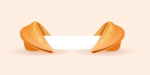 Chinese fortune cookies flat food vector cartoon set on white background. Fortune cookies with blank paper template. open and closed Chinese fortune cookies Vector illustration