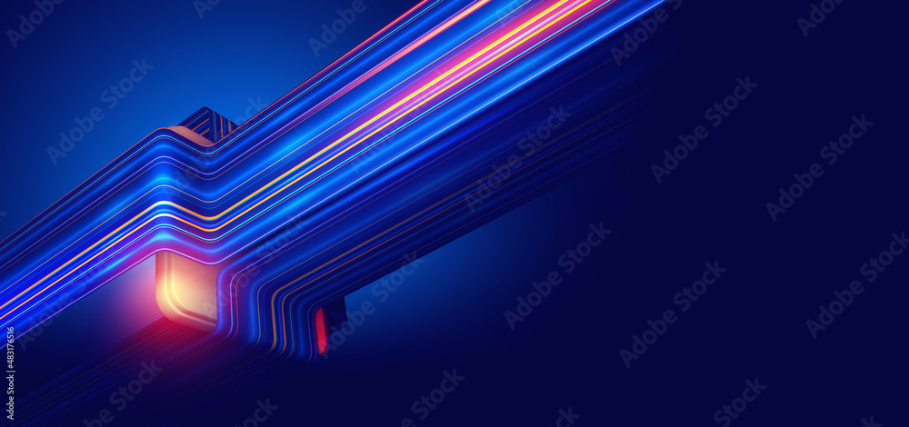 Aufkleber Quantum flow of information. Strings, beams of digital flow. CPU, processor and data loop. Tension, heat, work overload. Neon stream 3D illustration