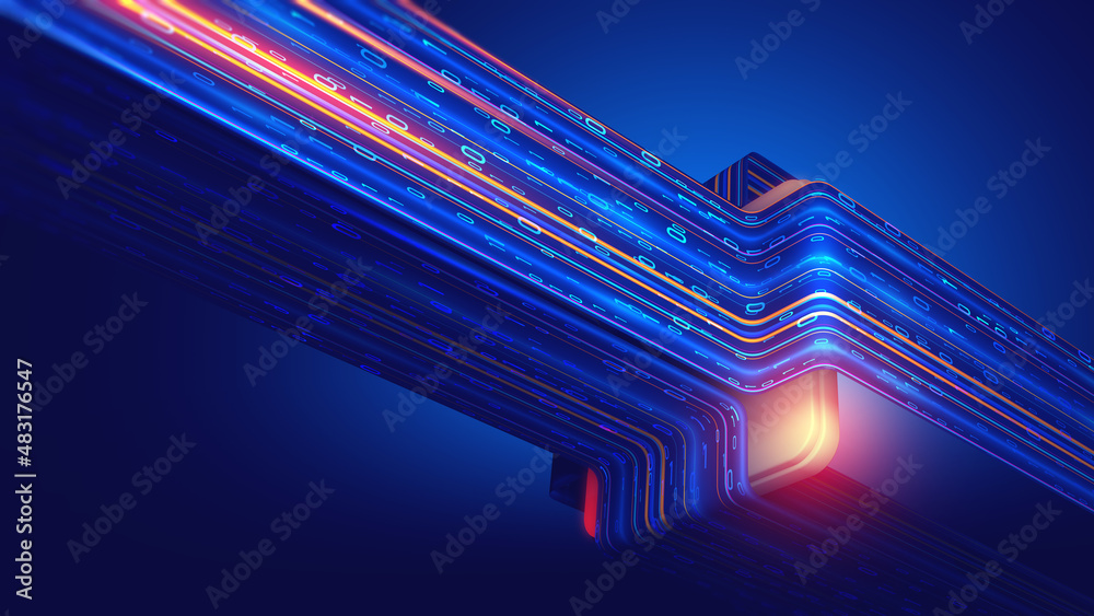 Poster Cyber hi-tech. Futuristic Big data stream. Motion of digital data flow. Data transmission channel 3D illustration. Business analytics presentation