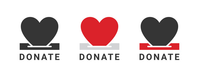 Donation icons. Hearts donation badges. Charity icons. Donations related signs. Vector illustration