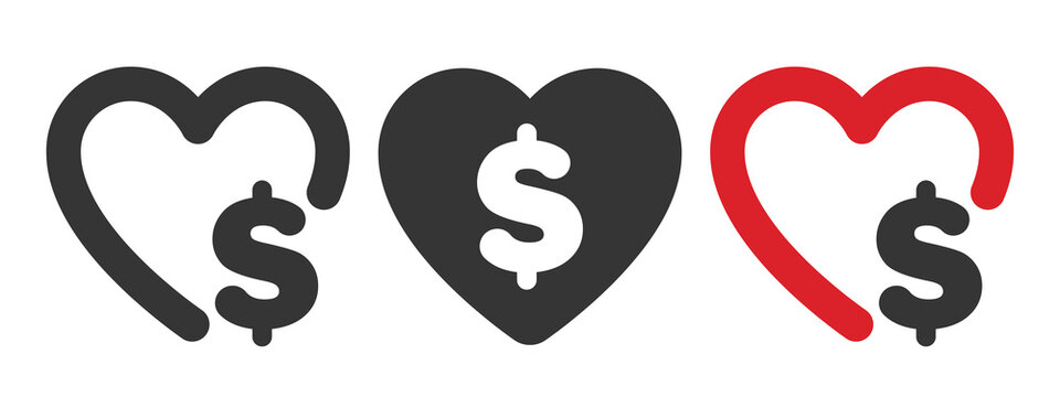 Donation icons. Heart with a dollar sign. Charity icons. Donations related signs. Vector illustration