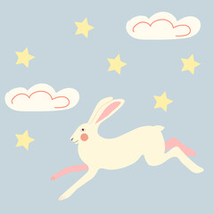 Vector illustration with a cute rabbit, stars and clouds. A beautiful running rabbit on a blue background. Baby shower background, wall art, postcards.