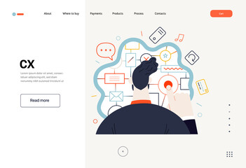 Technology Memphis -CX customer experience - modern flat vector concept digital illustration of user or customer experience, a user in front of interface. Creative landing web page template