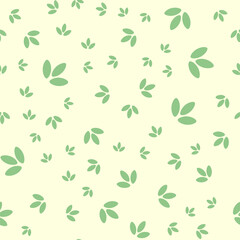 Seamless pattern with leaves. Abstract geometric pastel pattern with green leafs. Random, chaotic beige background with green plants.