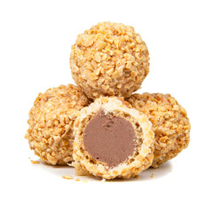 Peanut wafer balls half with filling cream sweet isolated on the white background