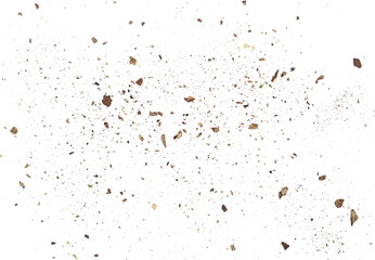 Wood pieces and dust, crushed tree bark isolated on white background, organic texture, top view