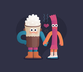 Perfect couple -Valentines day graphics. Modern flat vector concept illustration -Coffee cappuccino and a stick of sugar in love, holding their hands. Cute characters in love, perfect match concept