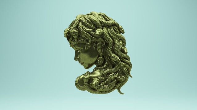 Gold Bronze Medusa Gorgon Snake Monster Sculpture Ancient God Art 3d illustration render