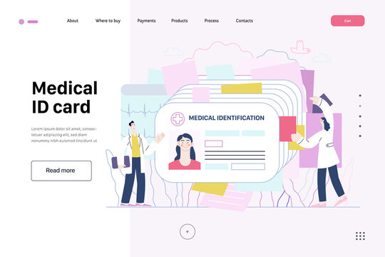 Medical Id Card, Health Card - Medical Insurance Web Template. Modern Flat Vector Concept Digital Illustration -plastic Identification Card As Medical Records File Metaphor. Two Doctors Browsing Files