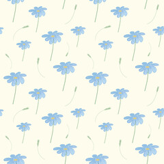Trendy Seamless pattern with blue flowers on a beige background. Floral design.For fabrics, children's clothing, home decor