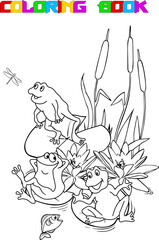 Vector illustration with funny cartoon frogs and water lilies in black and white outline. The illustration can be used as a coloring book page.