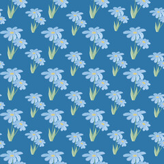 Trendy Seamless pattern with blue flowers on a dark blue background. Floral design. For fabrics, children's clothing, home decor