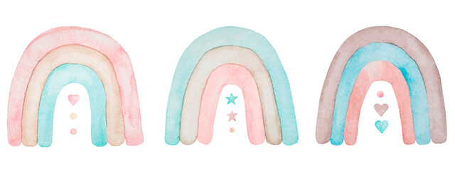 Watercolor hand painted cute rainbow in pastel colors. Set of hand-drawn boho design elements. Design for logo, baby textile, print, nursery decor, children decoration, kids room. © Alyona Pugachova