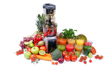 Electric juicer with touch screen and red juice inside. Freshly squeezed juices from fruits and vegetables. Isolated on white background.