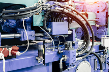 Production machine for manufacture products from pvc plastic extrusion technology, industrial concept background